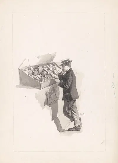 Jongen leest een boek voor de vitrine van een boekhandelaar by Альсид Тэофиль Рободи, 1890 - 1928 — digital art print…