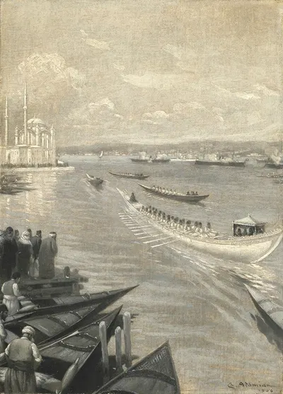Abdülhamid II crossing the Bosphorus for his coronation in the Eyüp Sultan Mosque, the Dolmabahçe Mosque beyond by Charles…
