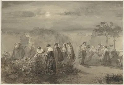 Gezelschap van dames en heren in een door de maan beschenen hof met rozenstruiken by Charles Rochussen, 1847 — digital art…