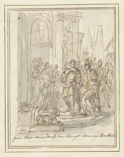 Paris wordt verwelkomd aan het hof van Menelaüs by Элиас ван Неймеген, 1677 - 1755 — digital art print download