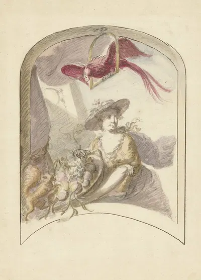 Vrouw met vruchtenmand, een eekhoorn en papegaai by Элиас ван Неймеген, 1677 - 1755 — digital art print download