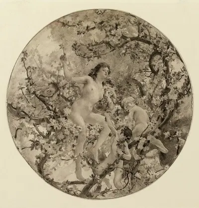 Femme et enfant dans un arbre en fleurs d'après Picard by Emile Buland — digital art print download