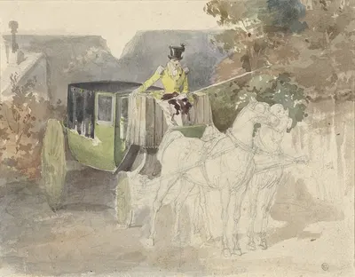Coupétje met twee paarden, in bosrijke omgeving by Эжен Лами, 1810 - 1890 — digital art print download