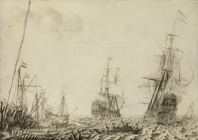 Ships near a Harbor by Experiens Sillemans, 1649 — digital art print download