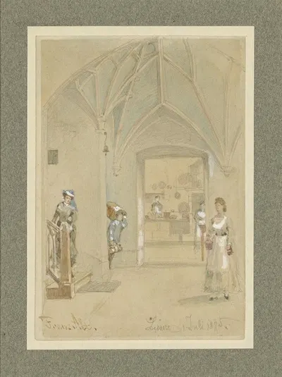 Gang van een Gasthaus met doorkijk in de keuken by Франц Альт, 1875 — digital art print download