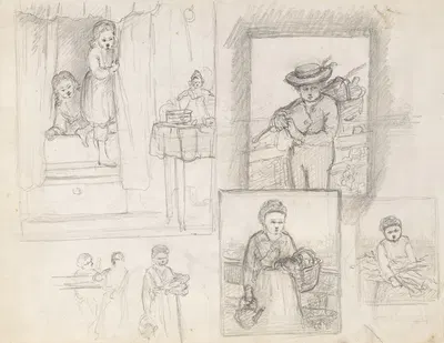Schetsen van kinderen op Sinterklaas-ochtend; jongen en meisje met een mand by Hendrik Valkenburg, 1836 - 1896 — digital…