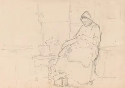 Zittende vrouw met naaiwerk by Hendrik Valkenburg, 1836 - 1896 — digital art print download