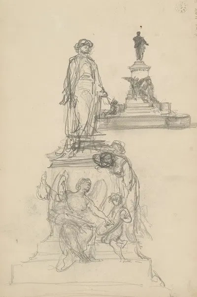 dwa szkice pomnika z postacią na cokole, wokół którego siedzą alegoryczne postacie by Генрик Симирядзкий, 1883 — digital…