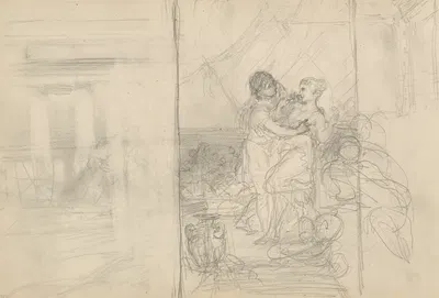 szkic obejmującej się pary stojącej na tarasie, zarys fragmentu budowli z kolumnami by Генрик Симирядзкий, 1883-1884 —…