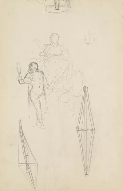 szkic postaci kobiecej stojącej przed postacią siedzącą, rysunki przekroju drewnianego walca by Генрик Симирядзкий, 1883 —…