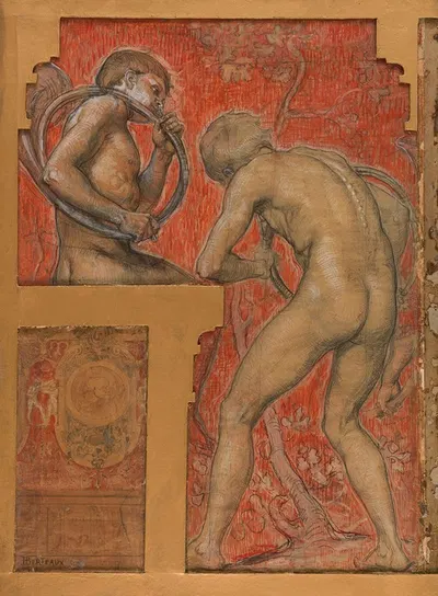 Deux jeunes garçons nus jouant du cor by Ипполит Доминик Берто — digital art print download
