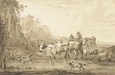 Herder en herderin met runderen en schapen bij een poel by Jacob van Strij, 1766 - 1815 — digital art print download