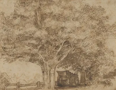 A haywain under trees, with farm buildings to the right and beyond at left by Jan Lievens — digital art print download