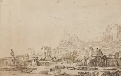 A view of the ruin of Huis ter Kleef near Haarlem, with cows and sheep, and mountains behind by Jan van de Velde II —…