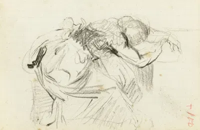 Etude de femme assise, l'avant du corps allongé sur une table, la tête dans les bras by Жан-Батист Карпо, 1872 — digital…