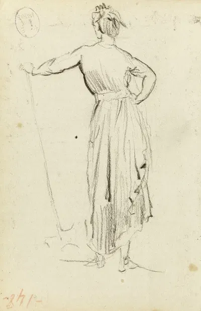 Etude d'une femme debout de dos, la main gauche appuyée sur une pelle by Жан-Батист Карпо, 1872 — digital art print download
