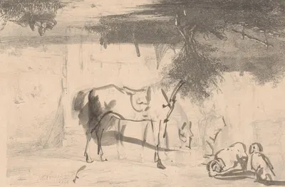 Rivierlandschap en twee paarden met knecht in de stal by Иоганнес Францискус Хоппенбруверс, 1846 — digital art print download
