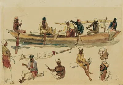 Studie von Booten und Bootsleuten auf Ceylon by Иосиф Селлени, 1858 — digital art print download