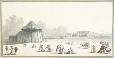 Vue du pavillon érigé dans Green Park afin de présenter le Siège de Gibraltar par John Singleton Copley by Луи Беланже,…