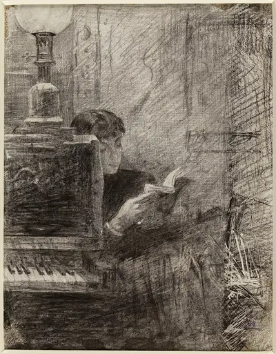 Femme lisant à l'angle d'un piano by Мария Башкирцева — digital art print download