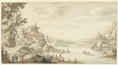 Hilly Landscape with a Round Chapel by the Banks of a River by Marten de Cock, 1624 — digital art print download