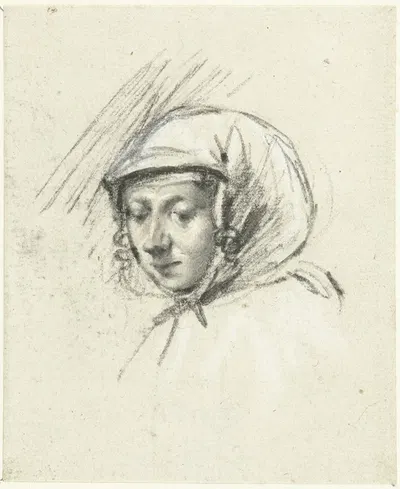 Hoofd van een vrouw met een hoofddoek, naar links by Моисей тер Борх, c. 1660 — digital art print download