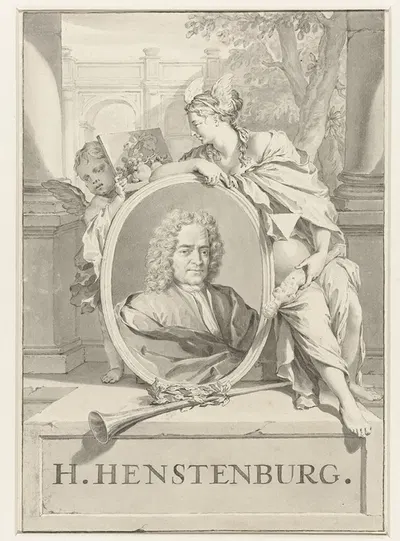 Portret van Herman Henstenburgh in ovaal vastgehouden door vrouwenfiguur en putto by Николаас Верколье, 1683 - 1746 —…