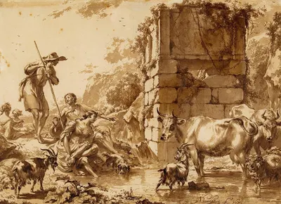 Bétail à l'abreuvoir, avec un berger et quatre bergères (Lugt 5) by Николаес Питерсз. Берхем, 1679 — digital art print…