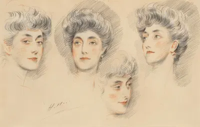 Four head studies of a lady, traditionally identified as Mrs Gertrude Vanderbilt Whitney by Поль Сезар Элью — digital art…