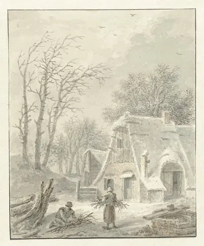 Winterlandschap met houtsprokkelaars voor boerderij by Питер Бартоломеус Барбиерс, 1838 — digital art print download