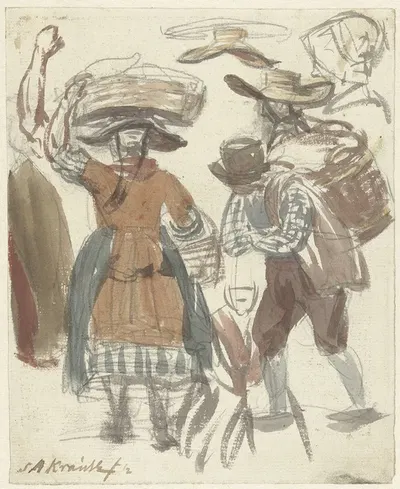Studieblad van vissersechtpaar met manden op het hoofd en op de rug by Симон Андреас Крауз, 1770 - 1825 — digital art print…
