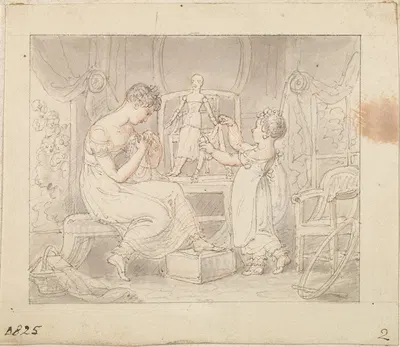 Illustration for The New Doll; Sewing Clothes for the Doll by Эдвард Фрэнсис Берни, 1825 — digital art print download