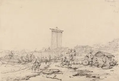 Coast Scene with Fishermen and Buildings, Macao by Джордж Чиннери, 1843 — digital art print download