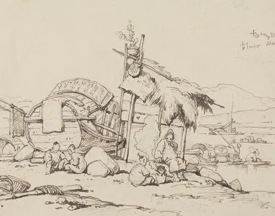 Old Man and Children Seated, Cooking by Джордж Чиннери, 1840 — digital art print download