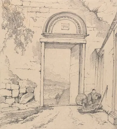 Peasant Seated by a Doorway by Джордж Чиннери, 1842 — digital art print download