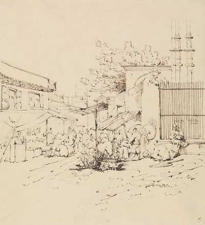 Street Scene with Merchants Selling Wares by Джордж Чиннери — digital art print download