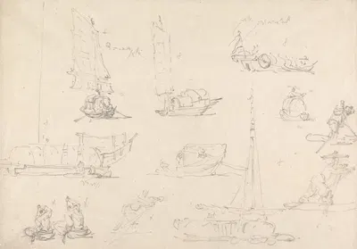 Studies of Chinese Junks and Boatmen by Джордж Чиннери — digital art print download