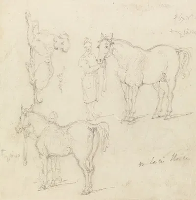Studies of Horses with Chinese Grooms, and a Dog by Джордж Чиннери, 1840 — digital art print download