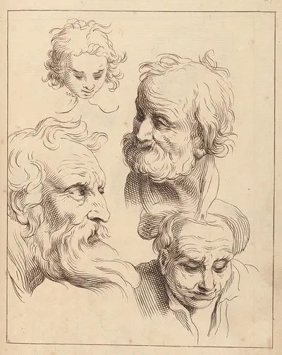 Four Male Heads by Hamlet Winstanley, 1716 — digital art print download