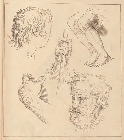 Sketches of Hands, Heads, and Legs by Hamlet Winstanley, 1716 — digital art print download