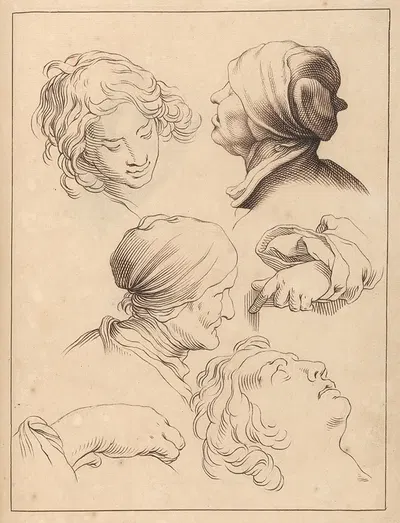 Sketches of Heads and Hands by Hamlet Winstanley, 1715 — digital art print download