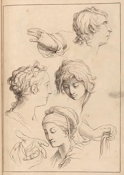 Sketches of Heads and Hands by Hamlet Winstanley, 1716 — digital art print download