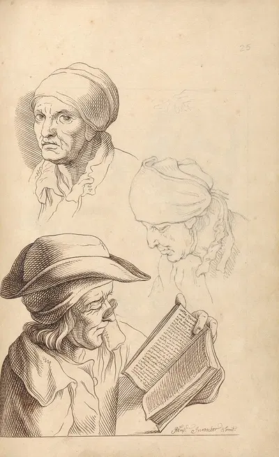 Sketches of Two Heads, and a Man Reading a Book by Hamlet Winstanley — digital art print download