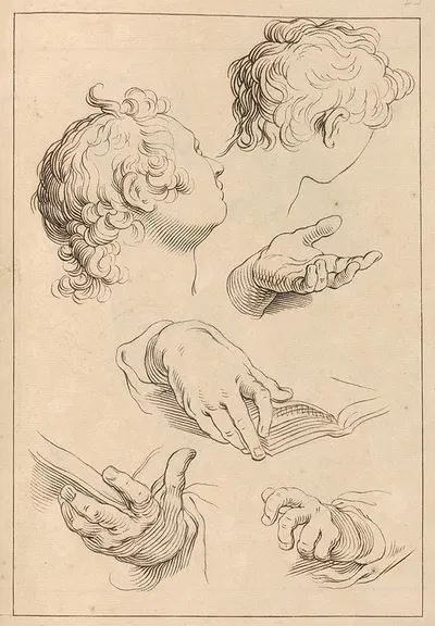 Various Sketches of Heads and Hands by Hamlet Winstanley, 1715 — digital art print download