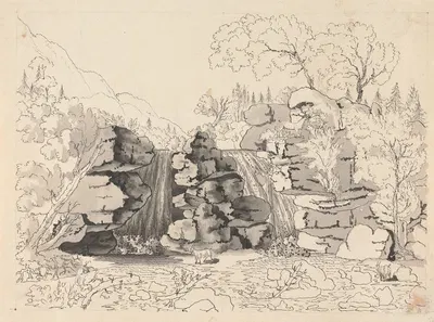 Rocky Landscape with Waterfalls and Goats by Генри Свинберн — digital art print download