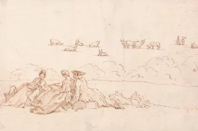 A Picnic; Two Ladies and a Gentleman by Юбер-Франсуа Гравло — digital art print download