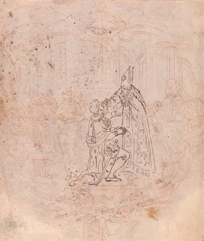 Design for a Frontispiece; A Bishop Conferring an Honor, Scene Within a Cartouche by Юбер-Франсуа Гравло — digital art…
