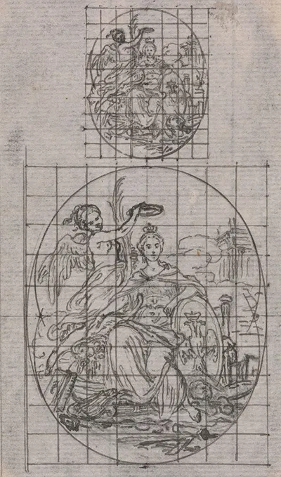 Design for a Medal; Seated Women Being Crowned by a Winged Genius by Юбер-Франсуа Гравло — digital art print download