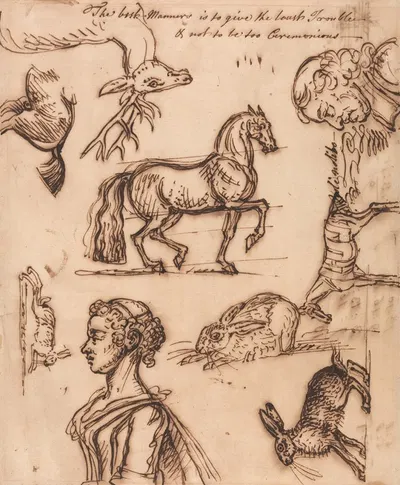 Sketches of a Hare, Horse, Stag, Man and Woman by Джеймс Сеймур — digital art print download