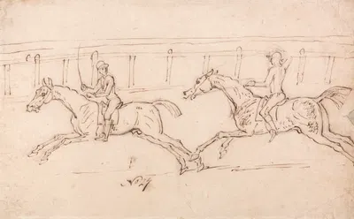 Two Horses Racing, Jockeys Up Railings in the Background by Джеймс Сеймур — digital art print download